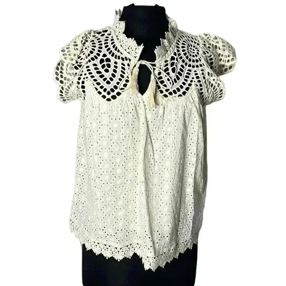 ANTHROPOLOGIE CHARLIZE Tan Eyelet Lace Vneckline Blouse Size S - Picture 4 of 12